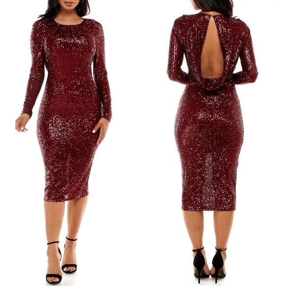 Bebe Red Sequin Long Sleeve Cowl Back Midi Dress - Picture 2 of 8